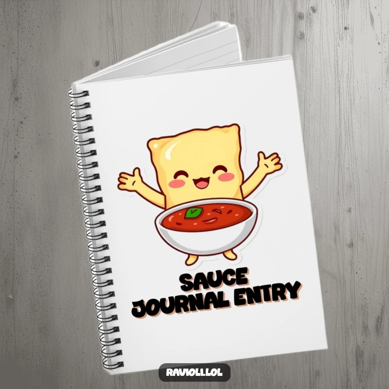 Funny notebook cover with a ravioli character embracing a bowl of marinara sauce, ready for notes and recipes.