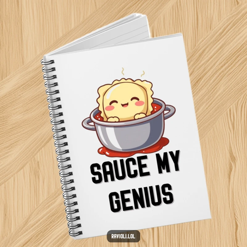 Funny ravioli character with a silly face peeking from a pot of sauce, a humorous and functional notebook.