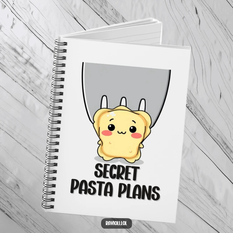 Funny shy ravioli peeking from behind a giant fork, showcasing a timid pasta character in a notebook, great funny gift.