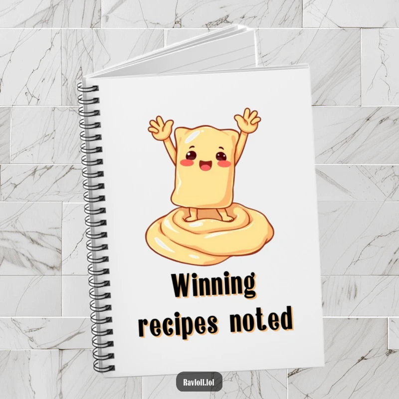 Funny notebook cover with a ravioli character striking a victorious pose on a creamy sauce swirl, ready for notes and achievements.