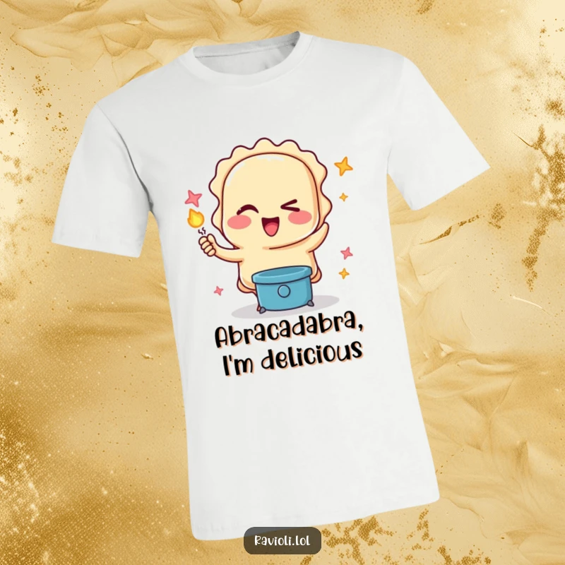 Funny t-shirt with a winking ravioli character performing a magic trick, celebrating the fusion of food and illusion with humor.