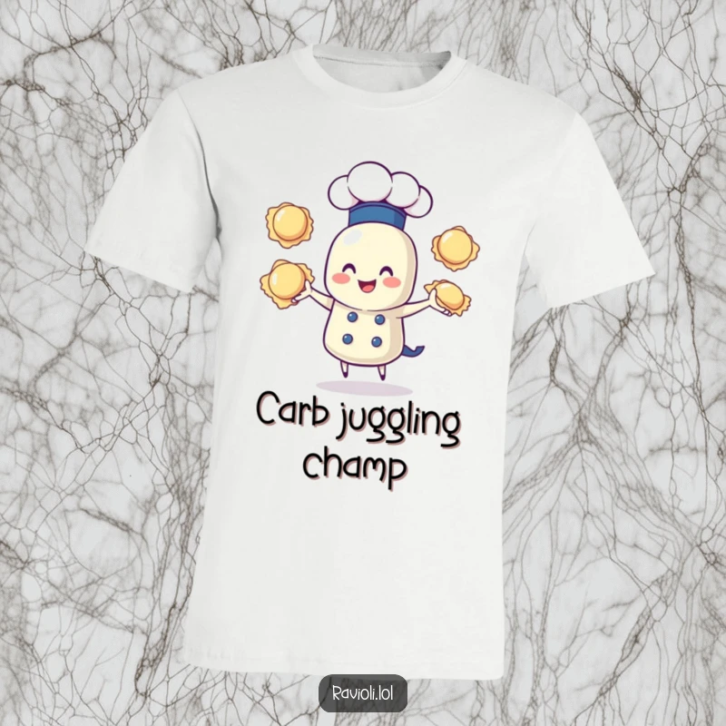 Funny t-shirt featuring a ravioli character in a chef hat, joyfully juggling three pasta parcels, embodying culinary fun.