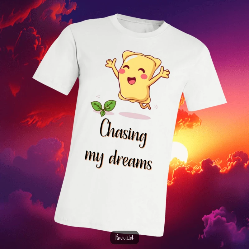 Funny ravioli joyfully chases a basil leaf with open arms, playful t-shirt.