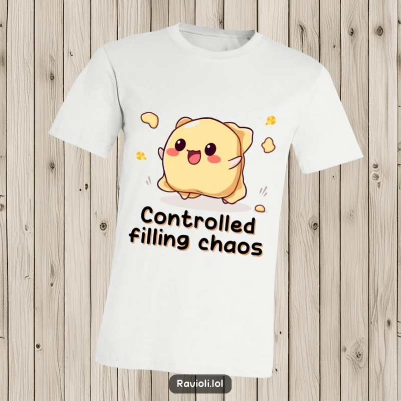 Funny tripping ravioli t-shirt depicting a ravioli character mid-fall, with its delicious filling happily scattering.