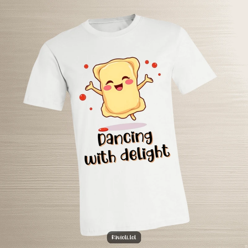 Funny t-shirt of a jubilant ravioli character performing a happy dance, with energetic sauce splatters accentuating the joyful Italian celebration.