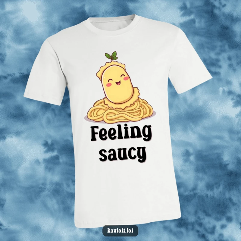 Funny t-shirt featuring a happy ravioli character rolling down a pasta hill, a celebration of carby delight and humor.