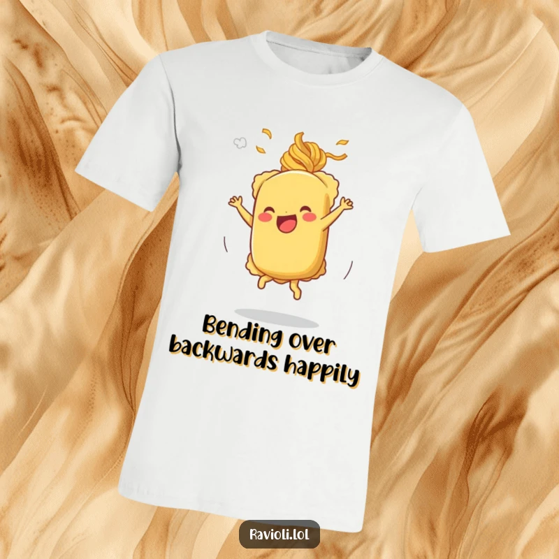 Funny cartwheeling ravioli t-shirt depicting a ravioli character mid-cartwheel, surrounded by cheerful pasta steam.