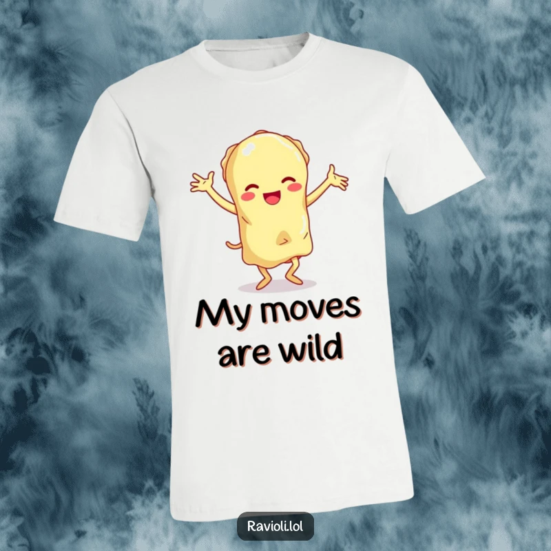 Funny ravioli character with floppy limbs performing a clumsy dance, a humorous and energetic t-shirt.