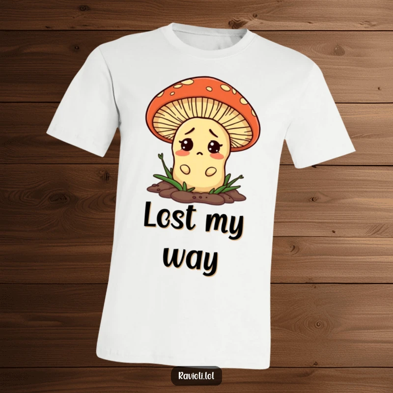 A surprised and confused ravioli peeks from behind a giant mushroom on this funny t-shirt, an amusing and whimsical design.