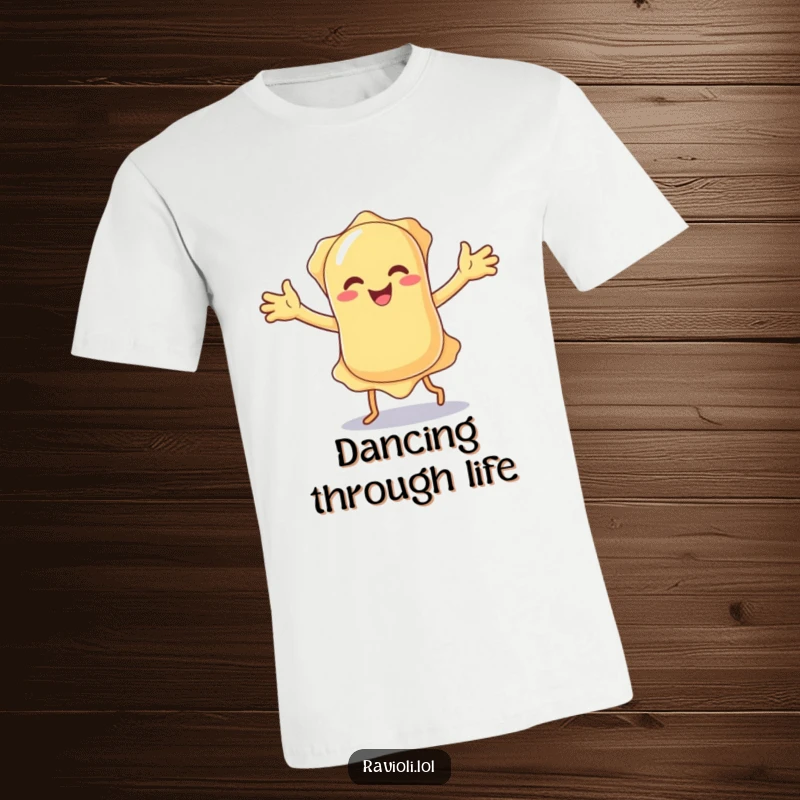 A ravioli character doing a silly dance with floppy arms, printed on a t-shirt, celebrating fun and Italian cuisine.