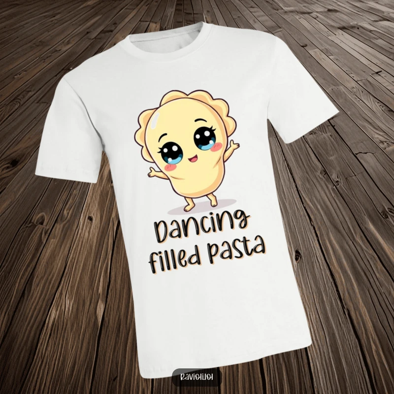 Funny ravioli character with wide eyes doing a silly dance, designed on a humorous and energetic t-shirt.