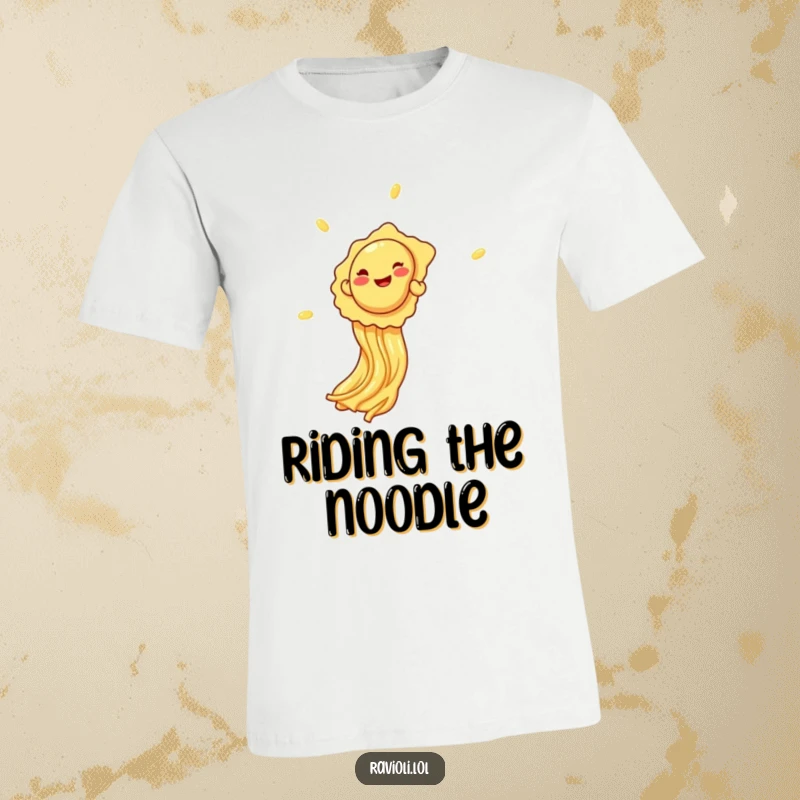 A giggling ravioli slides down a spaghetti strand like a playground slide on this funny t-shirt, a delightful and whimsical design.