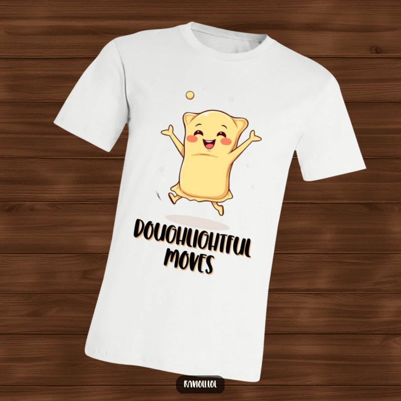 Funny happy ravioli performing cartwheels with dough flying, illustrating pure joy and pasta love, great funny t-shirt.