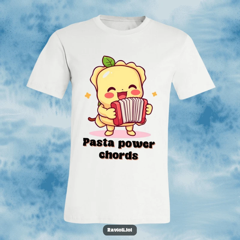 Funny t-shirt with a ravioli character playing a tiny accordion with great passion and a cheerful expression.