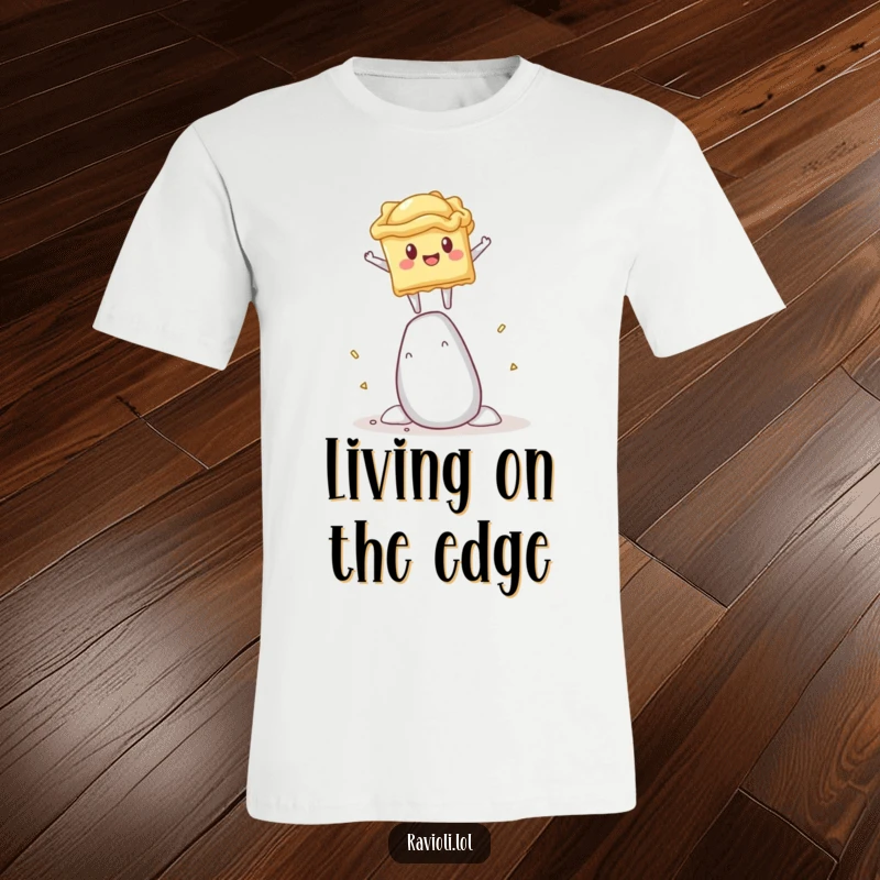 Funny t-shirt featuring a ravioli character bravely balancing atop a huge salt shaker, a comical food art.