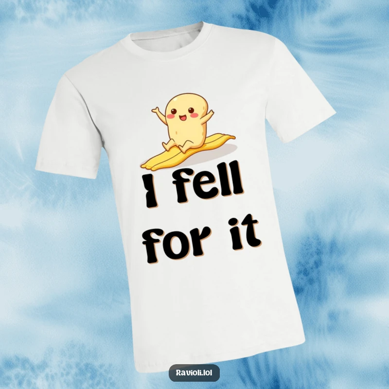 Funny ravioli character dramatically slipping on a banana peel, limbs flailing, a hilarious and relatable t-shirt.