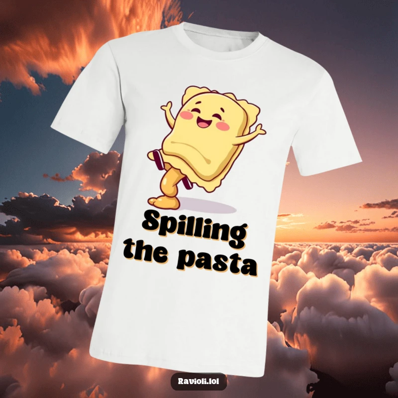 Funny ravioli character giggling while doing a cartwheel with filling spilling, on a humorous t-shirt, perfect gift.