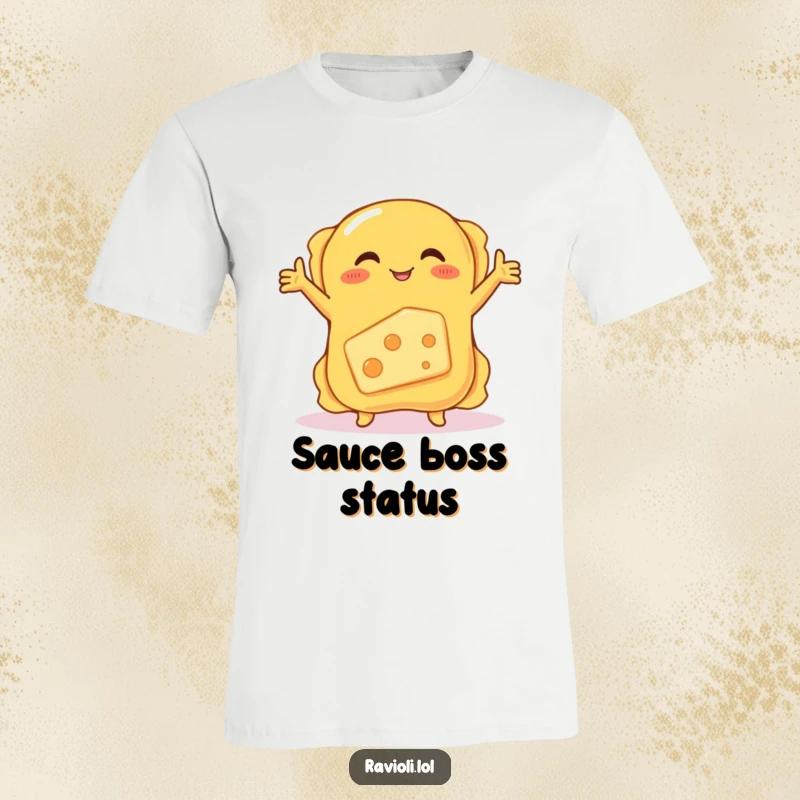 Funny t-shirt with a ravioli hugging a shy, blushing cheese, depicting a hilarious food cartoon for apparel lovers.