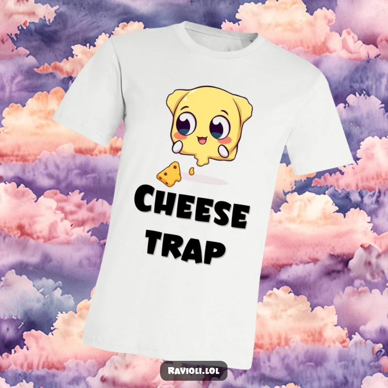 Funny t-shirt depicting a ravioli character with wide eyes desperately trying to catch falling cheese, a humorous culinary moment.