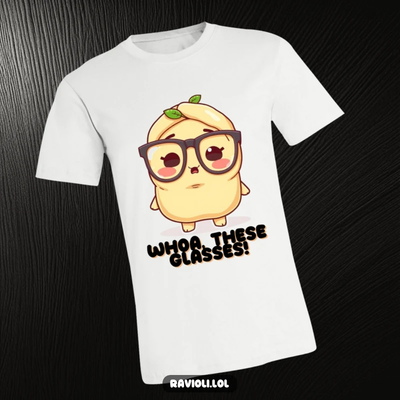 Funny ravioli character with tiny oversized glasses, looking comically surprised, designed for a humorous t-shirt.