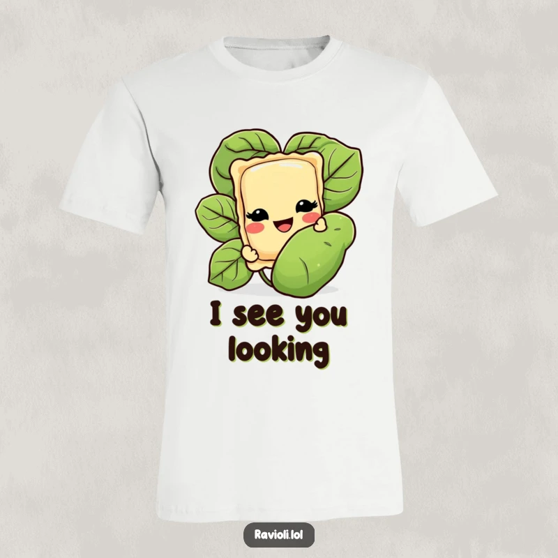 Funny t-shirt showcasing a smiling ravioli character peeking mischievously from behind a large basil leaf, celebrating its love for Italian flavors.