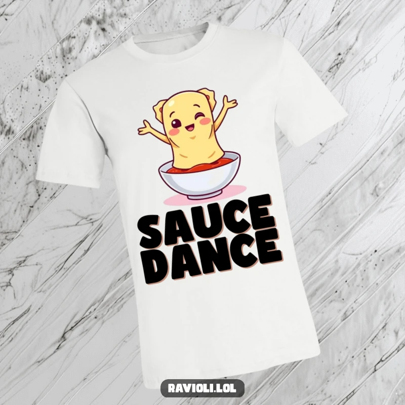 A funny ravioli character doing a goofy, joyful dance around a bowl of sauce, printed on a comfortable and fun t-shirt.