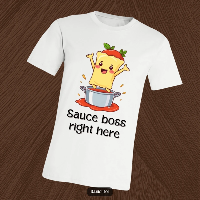 Funny Ravioli T-Shirt featuring a happy ravioli diving into a rich sauce pot, celebrating pasta and flavor.