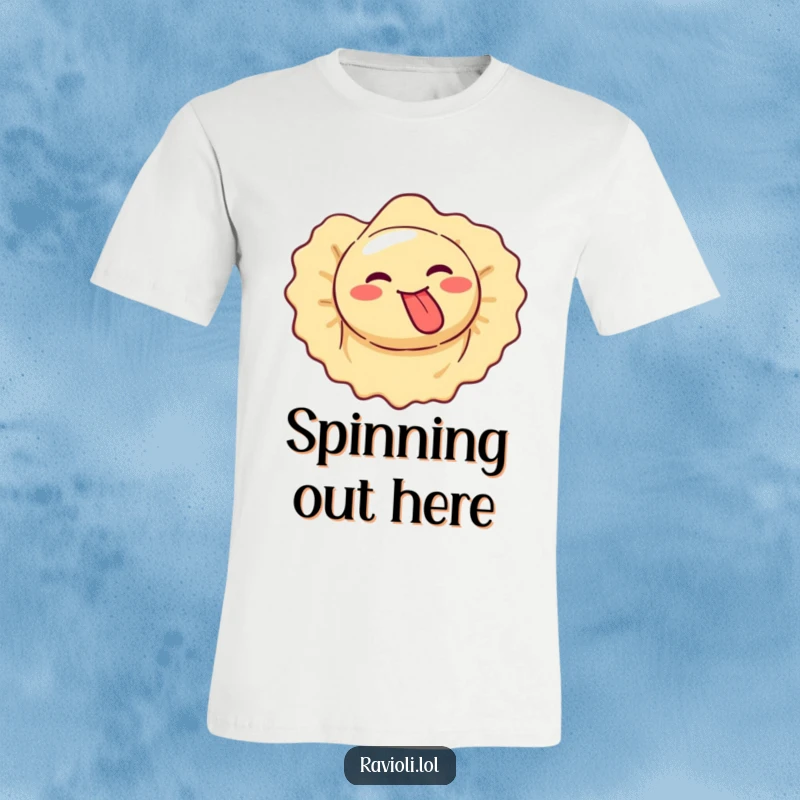 Funny ravioli makes a silly face, tongue out, while spinning, goofy t-shirt.