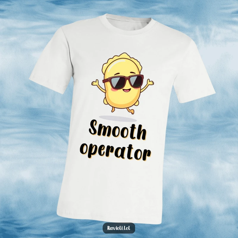 Funny ravioli wearing sunglasses hops with a confident grin, cool pasta design for t-shirt.
