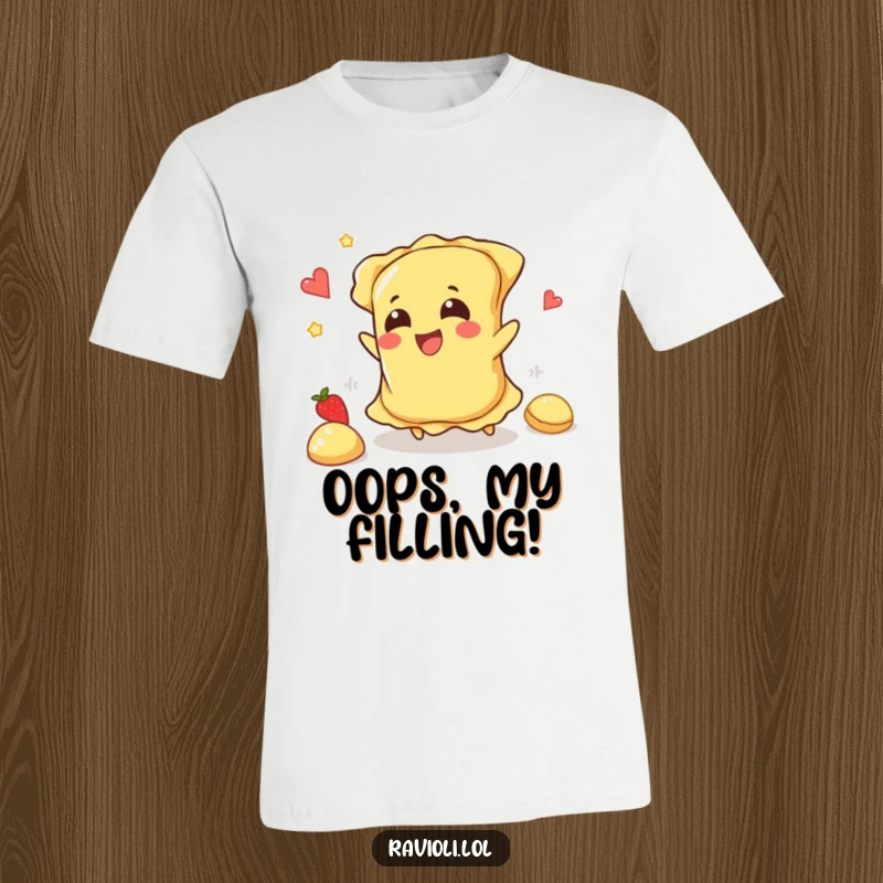 Funny ravioli character tripping, its filling happily scattered, designed for a humorous t-shirt.