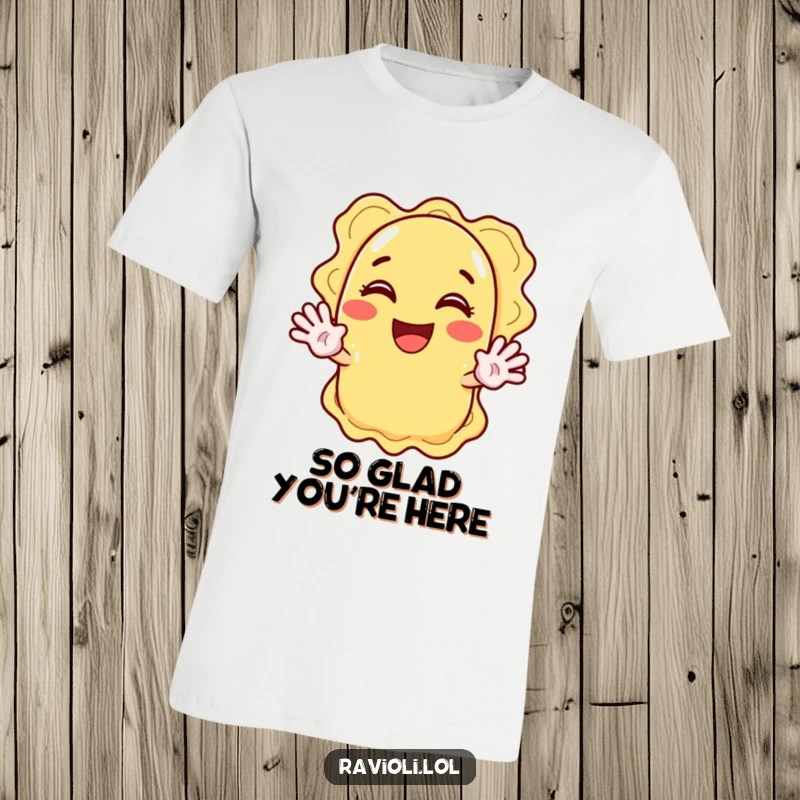 Funny ravioli character enthusiastically waving with both hands, a happy and friendly t-shirt.