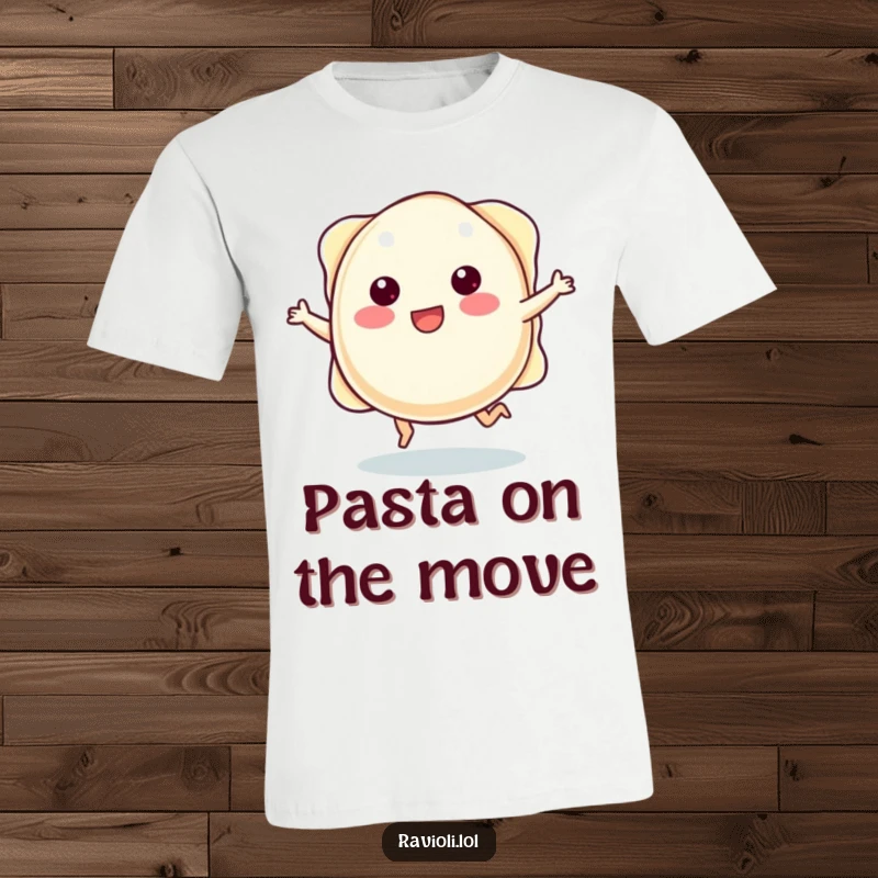 Funny plump ravioli character with tiny legs joyfully skipping, designed on a humorous and energetic t-shirt.