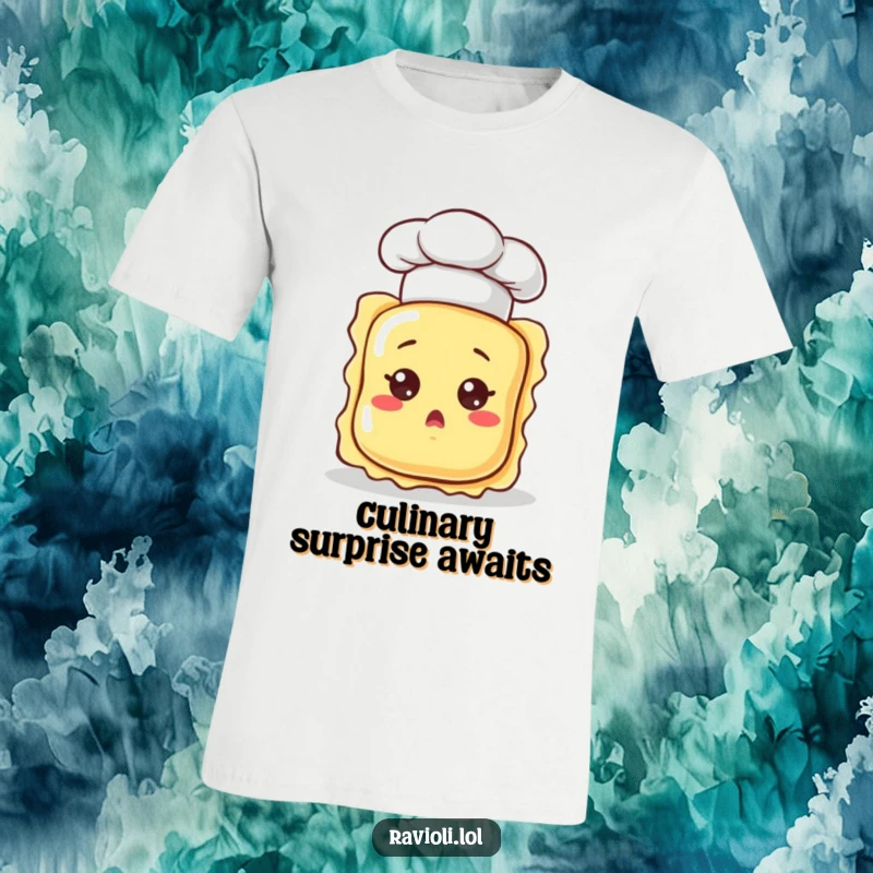 A ravioli character in a tiny chef hat, looking surprised, printed on a t-shirt, celebrating culinary comedy and unexpected moments.