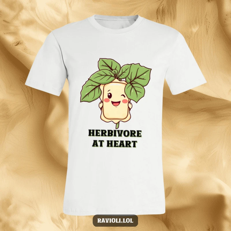 Funny t-shirt design of a happy ravioli character peeking out from behind a giant basil leaf, sharing a secret grin.