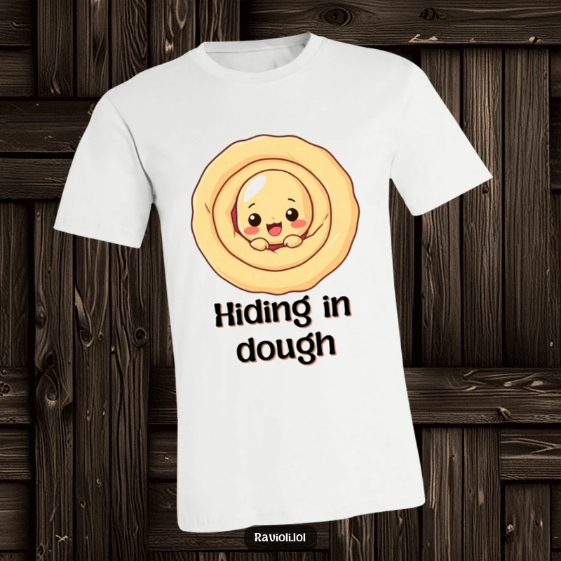 Funny ravioli character peeking out from behind a large, fluffy dough swirl, a fun and funny t-shirt.