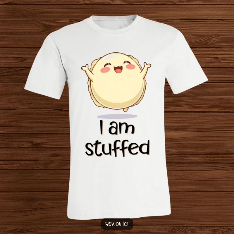 Funny t-shirt with a plump, round ravioli character joyfully bouncing, celebrating happiness and delicious pasta.