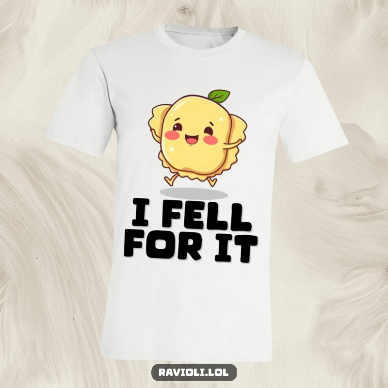 Funny ravioli character tripping over its own feet, depicting pasta humor and a clumsy, smiling character, great funny gift shirt.