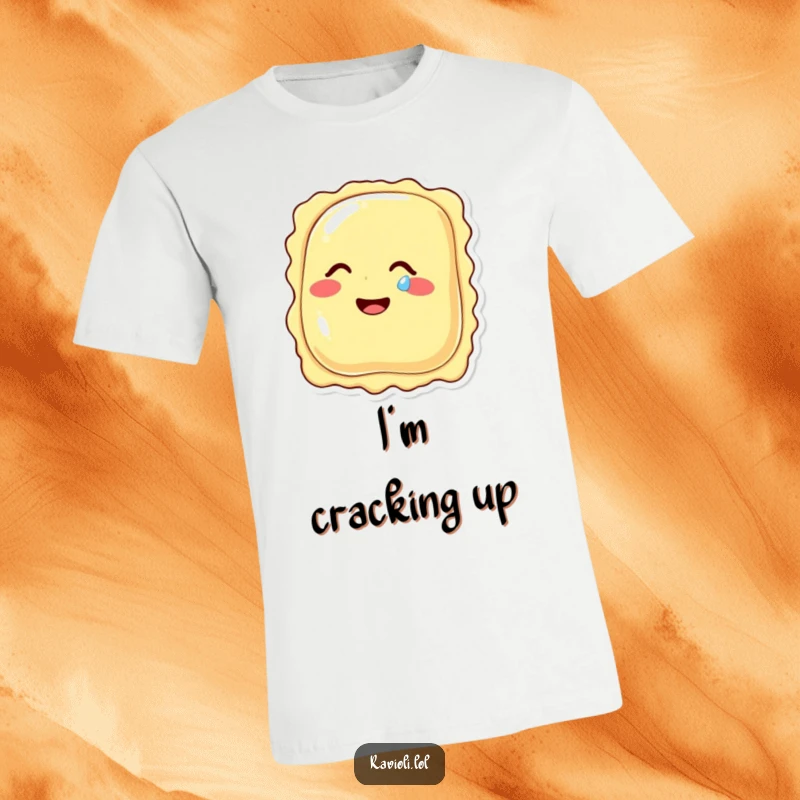 A funny ravioli character giggling with a single tear of mirth rolling down its cheek, printed on a soft and comfortable t-shirt.