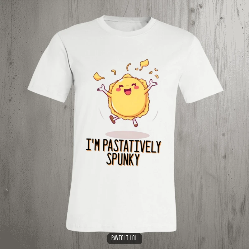 Funny Ravioli T-Shirt featuring a ravioli character doing a cartwheel with celebratory pasta steam, perfect for foodies.