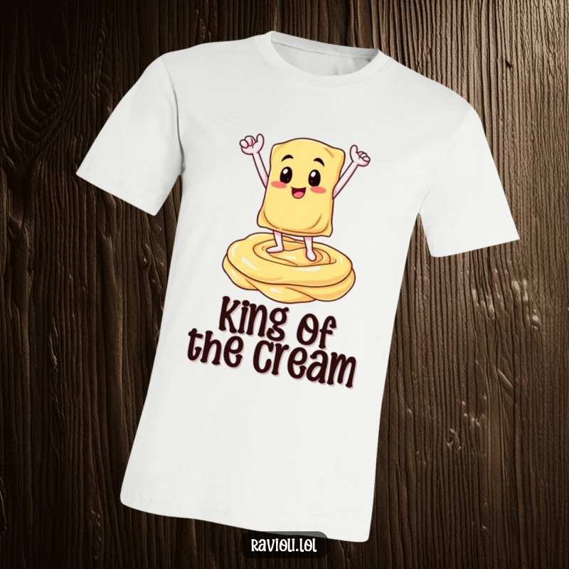 Funny t-shirt featuring a ravioli character striking a victorious pose on a creamy, decadent sauce swirl, exuding confidence and Italian flair.