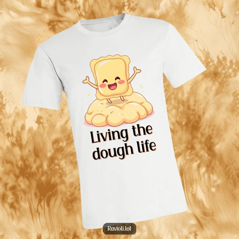 Funny t-shirt graphic of a joyful ravioli character energetically jumping on a cloud of fluffy dough.