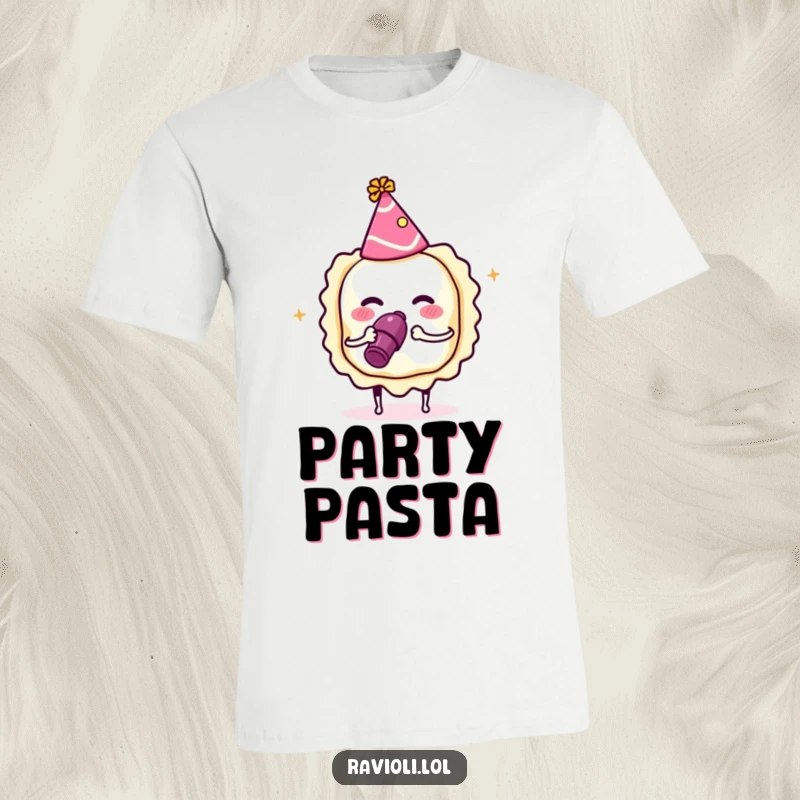 Funny ravioli in a party hat blowing a noisemaker, festive t-shirt featuring a cheerful Italian pasta character, great funny gift.