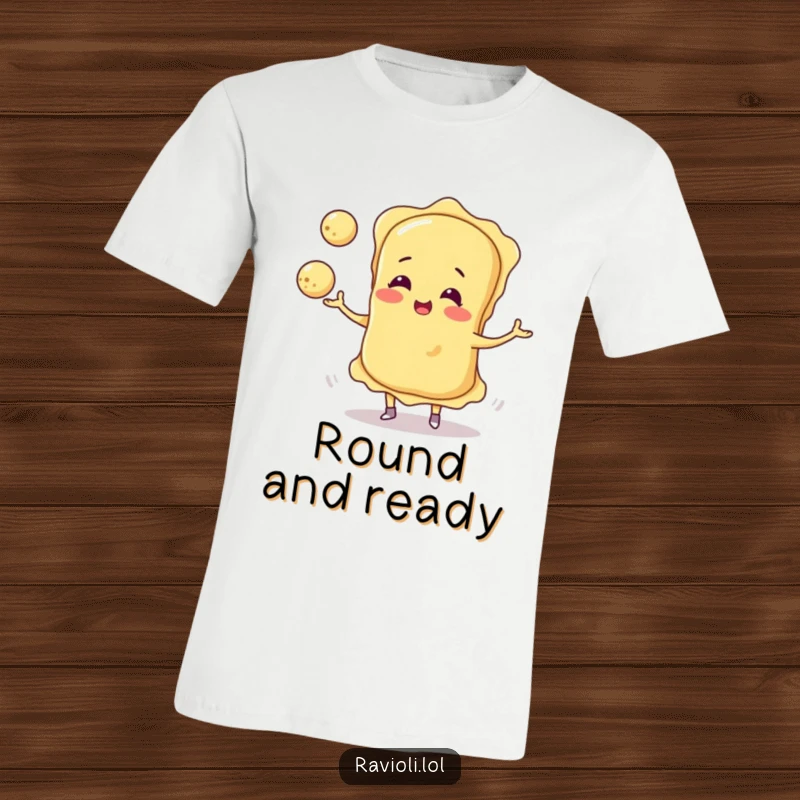 Funny ravioli character playfully juggling three small cheese balls on a t-shirt, perfect for pasta and humor enthusiasts.