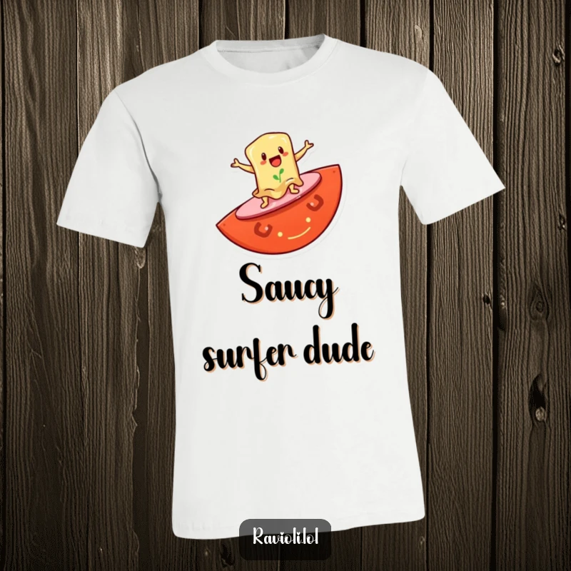 Funny t-shirt with a ravioli character surfing on a giant tomato slice, capturing the joy of food and beach life with humor.