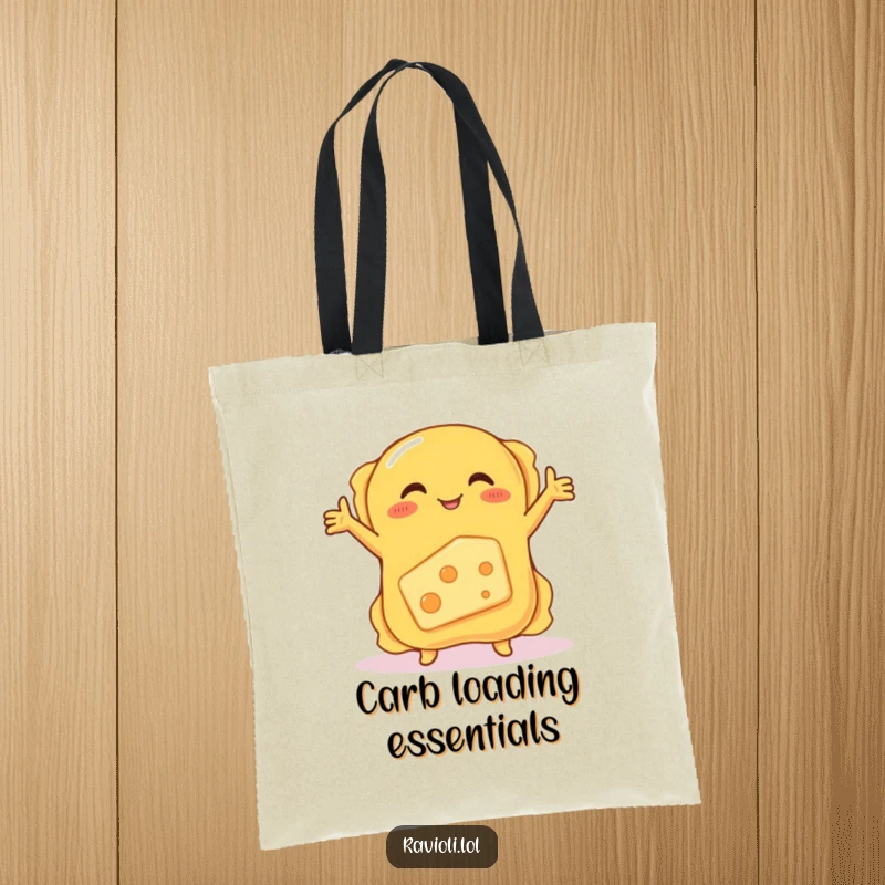 Funny tote bag depicting a ravioli hugging a shy, blushing cheese, a practical and humorous accessory for daily use.