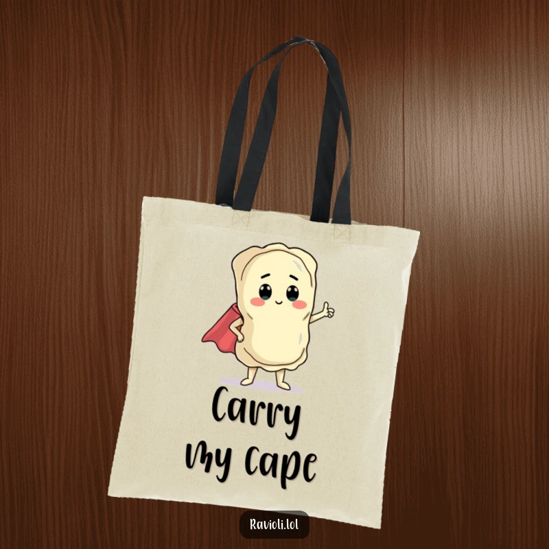 Funny ravioli character in a dramatic pose with a tiny cape, on a tote bag, ideal for carrying everyday items humorously.