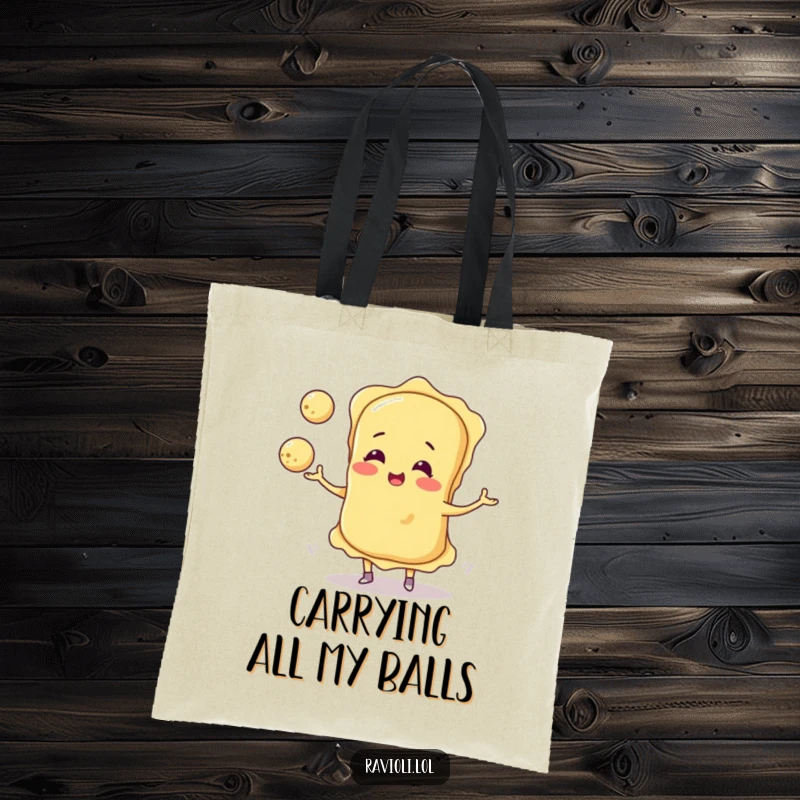 Funny ravioli character cheerfully juggling three round cheese balls, featured on a durable tote bag for everyday use.