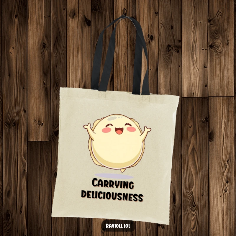 Funny tote bag with a plump, round ravioli character joyfully bouncing, perfect for carrying essentials with a smile.