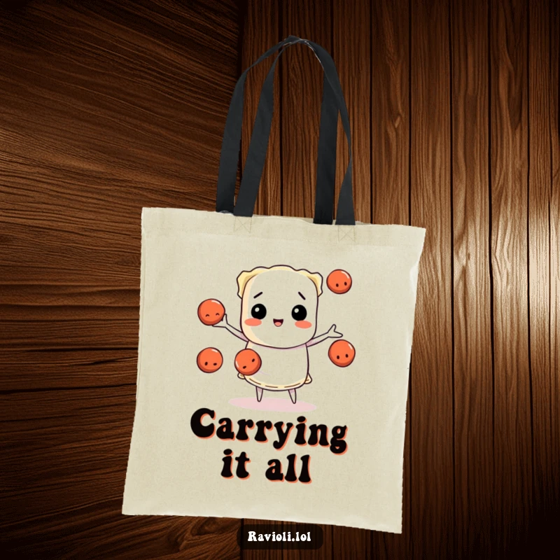 Funny ravioli character juggling three meatballs, a tote bag showcasing pasta chef humor, excellent funny gift.