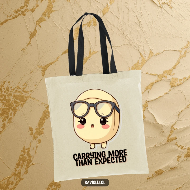 Funny surprised ravioli tote bag featuring a ravioli character wearing oversized glasses, looking comically shocked, perfect for errands.